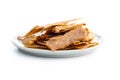 Turkey jerky meat on plate. Dried sliced meat isolated on white background