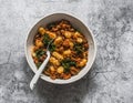 Turkey, kale cabbage, tomato sauce hash and potato gnocchi -  delicious mediterranean style lunch on a gray background, top view Royalty Free Stock Photo