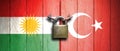 Turkey and Kurdistan flags united with an old, rusty padlock. 3d illustration