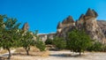 Turkey landscape Fairy chimneys near Cavusin Town at  Goreme Cappadocia Turkey Travel Tourism and landmark - The three beauties at Royalty Free Stock Photo