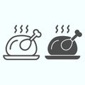 Turkey line and solid icon. Traditional hot fried food, cooked chicken on the plate. Christmas vector design concept