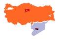 Turkey Map and Syria Map with High detailed. Map of Turkey filled with Orange color. Syrian Map with Red white and black three