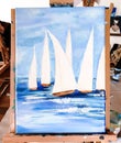 Turkey Marmaris 01.04.2023 Painting masterclass. Art party in restaurant. Glass of wine. Aquarelle watercolor, acrylic