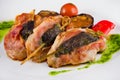 Turkey medallions stuffed with herbs on skewers with grilled vegetables and pesto sauce Royalty Free Stock Photo