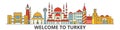 Turkey outline skyline, turkish flat thin line icons, landmarks, illustrations. Turkey cityscape, turkish travel city