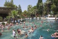 Turkey, Pamukkale - June 22, 2019. Ancient thermal swimming pool Cleopatra in Pamukkale full of people, Turkey
