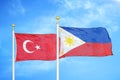 Turkey and Philippines two flags on flagpoles and blue cloudy sky