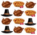Turkey, pie and a hat Vector realistic pattern. Thanksgiving symbols traditions