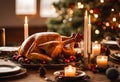 Turkey Plate with Bunch of Candle Lights in Christmas Golden Hour, Generative AI