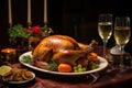 a turkey on a plate with fruit and wine glasses