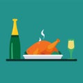 Turkey on plate with wine bottle and glasses of wine