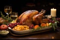 Turkey on Platter Surrounded by Fruit and Wine for Thanksgiving Dinner Celebration, A roasted turkey centerpiece for a holiday