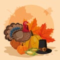 Turkey with pumpkins and hat pilgrim of thanksgiving day Royalty Free Stock Photo