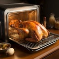 Turkey put in a small oven. Turkey as the main dish of thanksgiving for the harvest