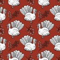 Turkey, rowan and leaves seamless pattern. Hand drawn doodle scandinavian simple liner style. Thanksgiving background