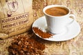 Turkey`s best dry coffee merchant, Kurukahveci Mehmet Efendi, packaged coffee, a cup of Turkish coffee, Turkey Istanbul, February