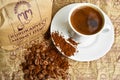 Turkey`s best dry coffee merchant, Kurukahveci Mehmet Efendi, packaged coffee, a cup of Turkish coffee, Turkey Istanbul, February