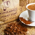 Turkey`s best dry coffee merchant, Kurukahveci Mehmet Efendi, packaged coffee, a cup of Turkish coffee, Turkey Istanbul, February