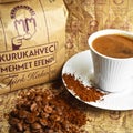 Turkey`s best dry coffee merchant, Kurukahveci Mehmet Efendi, packaged coffee, a cup of Turkish coffee, Turkey Istanbul, February