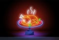 Turkey neon sign on stand. Turkey, discounts, Thanksgiving day. Night bright advertisement. Vector illustration in neon