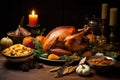 A turkey sits on a table, accompanied by a variety of delicious food., Rustic Thankgiving Dinner, AI Generated, AI Generated Royalty Free Stock Photo