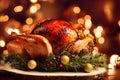 a turkey sitting on a platter with a lot of christmas decorations around it and a lit background with lights.