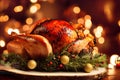 a turkey sitting on a platter with a lot of christmas decorations around it and a lit background with lights