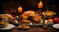 A turkey sitting on a platter surrounded by dishes of food. Generative AI image.