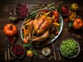 A turkey sitting on a platter surrounded by fruits and vegetables. AI generative image