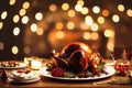 a turkey sitting on a table with a lit background and a candle in the middle of the table