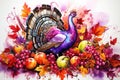 A turkey sitting on top of a pile of fruit. Digital image.