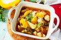 Turkey stew with pumpkin, vegetables and spices in a bowl