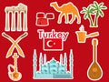 Turkey stickers. Turkish symbols: The Blue Mosque, the Agora, the Turkish hat, shisha, camel, scimitar, guitar.