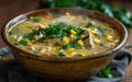 Turkey and Sweet Corn Soup Served in Ceramic Bowl at Dinnertime Royalty Free Stock Photo