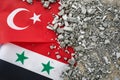 Turkey and Syria Earthquake, A background of the Turkish and Syria flag and brick debris