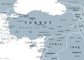 Turkey and Syria region, geographic area of Anatolia, gray political map