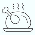 Turkey thin line icon. Traditional hot fried food, cooked chicken on the plate. Christmas vector design concept, outline