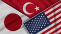 Turkey United States of America Japan Flags Together Fabric Texture Illustration