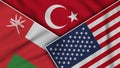 Turkey United States of America Oman Flags Together Fabric Texture Illustration