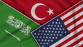 Turkey United States of America Saudi Arabia Flags Together Fabric Texture Illustration