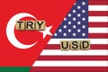 Turkey and USA currencies codes on national flags background Royalty Free Stock Photo