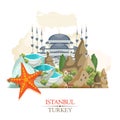 Turkey vector vacations illustration. Flat style poster with Pamukkale and Cappadocia. Retro design. Welcome to Turkey. Istanbul Royalty Free Stock Photo