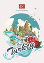 Turkey vector vacations illustration. Pamukkale and Cappadocia. Istanbul