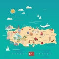 Turkey vector vacations illustration with turkish landmarks and map. Travel agency poster. Flat design Royalty Free Stock Photo