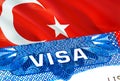 Turkey Visa. Travel to Turkey focusing on word VISA, 3D rendering. Turkey immigrate concept with visa in passport. Turkey tourism Royalty Free Stock Photo