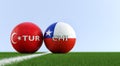 Turkey vs. Chile Soccer Match - Soccer balls in Turkey and Chile national colors on a soccer field.