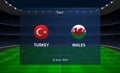 Turkey vs Wales football scoreboard. Broadcast graphic soccer