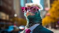A turkey wearing sunglasses and dressed in a suit on a city street