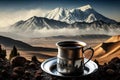 turkih coffee in metal cup, with view of misty mountain range