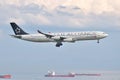 Turkish Airlines Airbus A340 landing at Istanbul Ataturk Airport Royalty Free Stock Photo